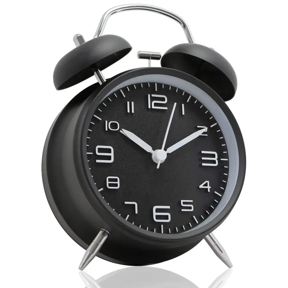 

4 inch Twin Bell Alarm Clock Metal Frame 3D Dial with Backlight Function Desk Table Clock for Home Office black