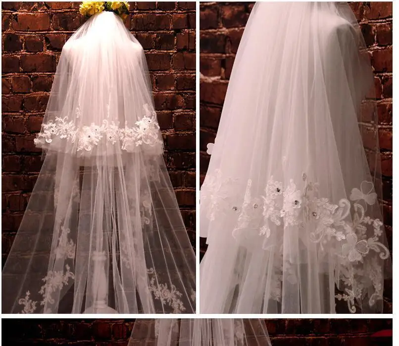 

2-story cathedral bridal veil white ivory wedding veil decals custom rhinestones & combs
