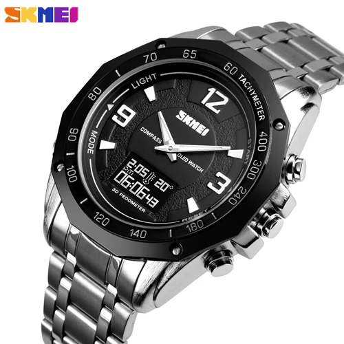 silver black SKMEI Роскошные мужские часы двойной спортивный дисплей Компас Будильник расчет калорий мужские часы кварцевые наручные часы relogio masculino - Цвет: silver black