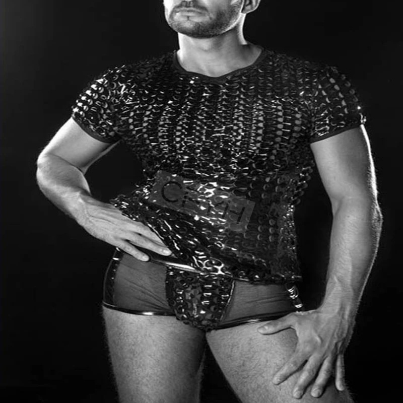 Новый мужской жилет из кожи черный сетчатый топ на бретельках для геев мужское