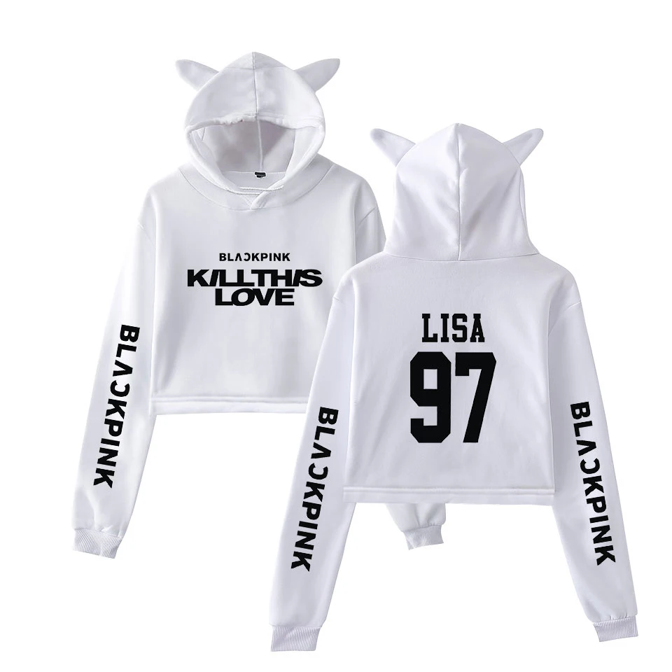 KILL THIS LOVE черные розовые женские укороченные толстовки с капюшоном с длинным рукавом и рисунком кота Новое поступление, горячая распродажа, новая модная уличная одежда