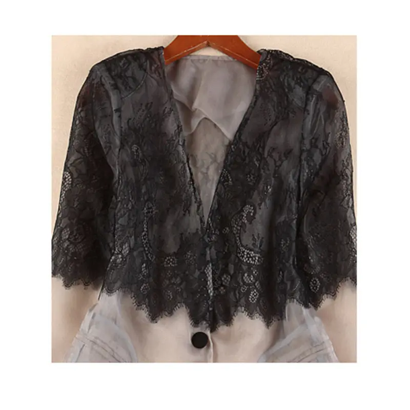 Женский пиджак из органзы тонкий кружевной с v образным вырезом и рукавами семь