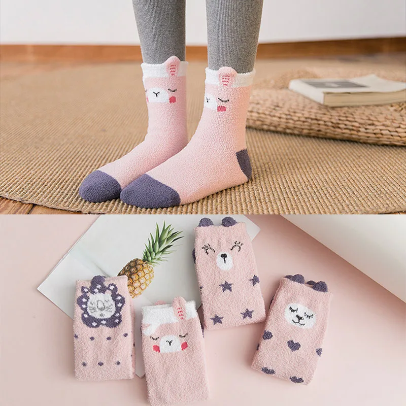 Pink Socks 4 пары теплых милых рождественских носков с пандой и кроликом зимние забавные Женские носочки с рисунками животных Kawaii Skarpetki Sokken - Цвет: Pink Socks