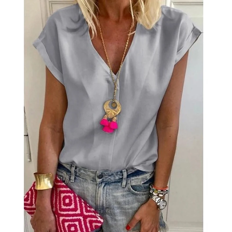 Летняя женская блузка с коротким рукавом шифоновая однотонная Свободная Женская