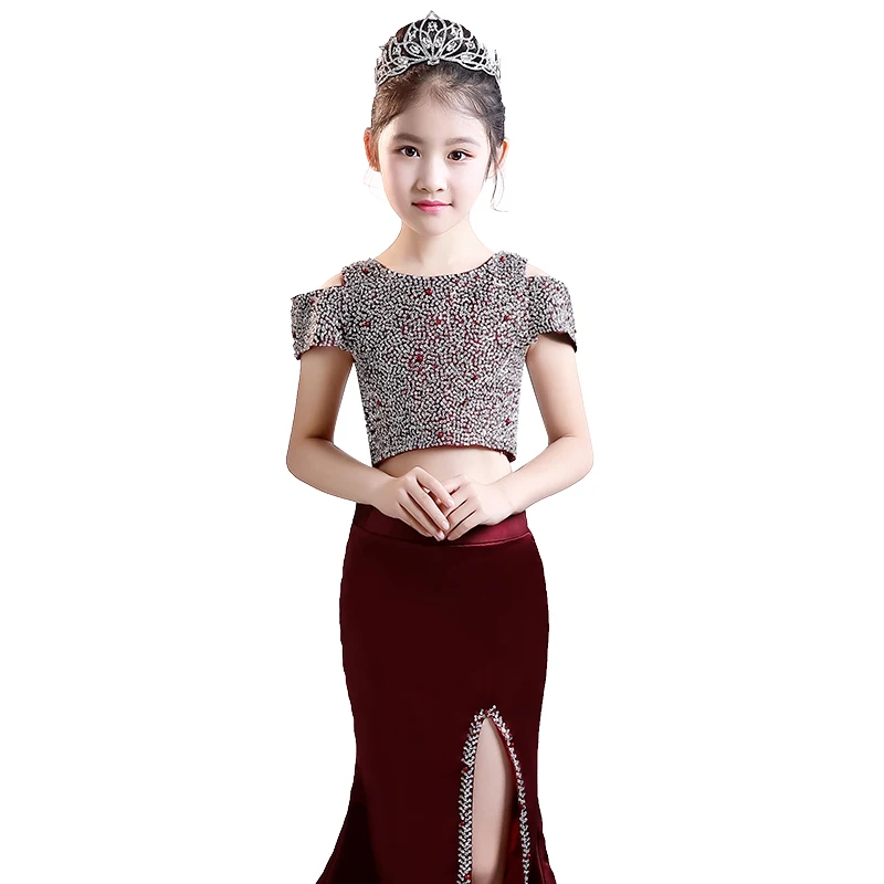 

Luxury Mermaid Dress Flower Girls Dresses for Wedding Split Dresses Beading Girls for Evening Party Dress Long Tailing D127
