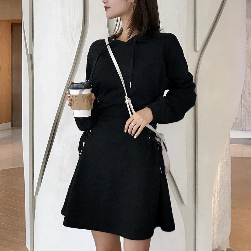PERHAPS U black gray solid long sleeve hooded A-line dress lacing bow mini short high street women D0959 | Женская одежда