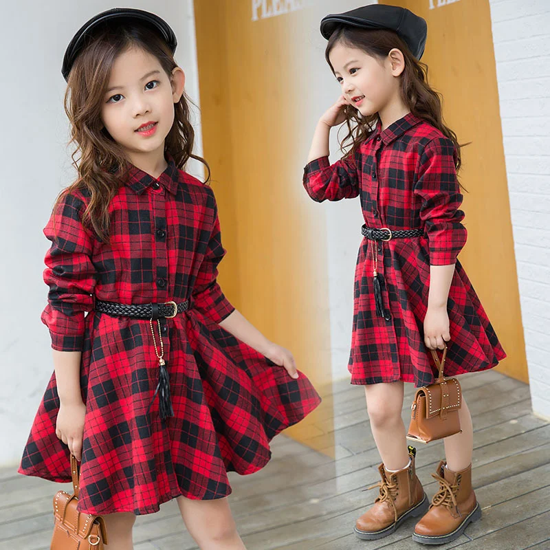 2019 baby girls plaid dress Red Plain Princess Party Long Sleeve Dress Waistband Clothes Toddler Girl England Robe | Детская одежда и