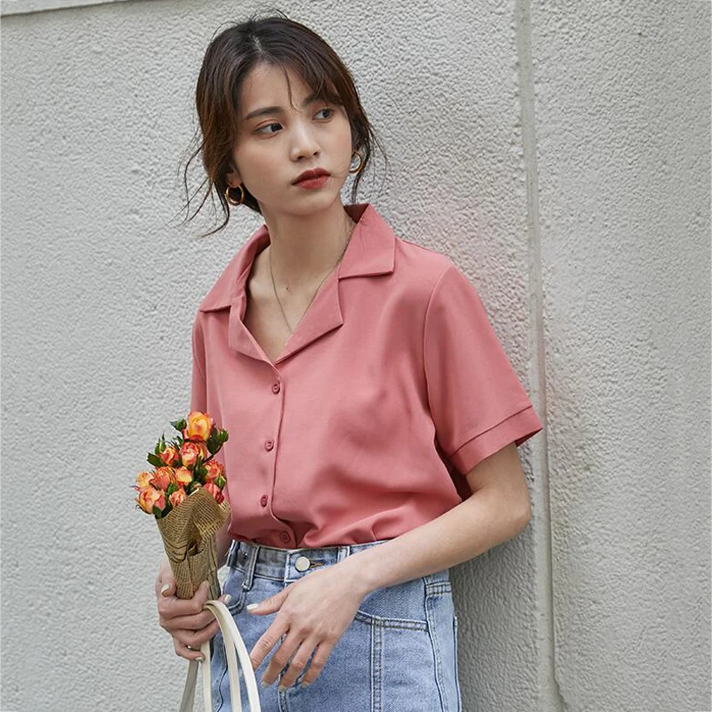 

2020 New Korean Chic Turn-down Collar Short Sleeve Shirt Women Summer Elegant Chiffon Blouse Casual Ladies Tops