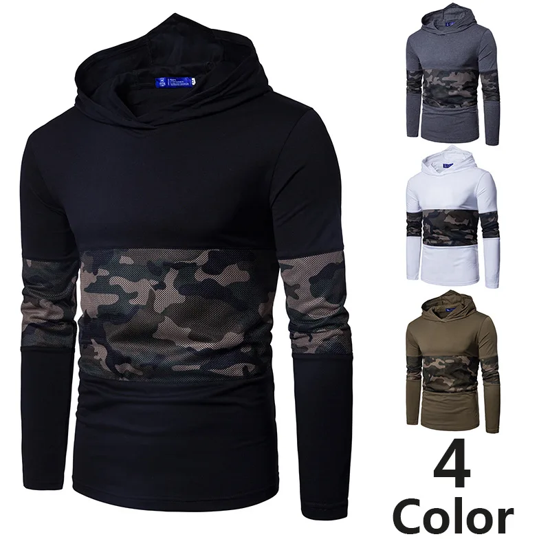 2019 fall and winter new men's camouflage cap long-sleeved T-shirts fashion splice men Sleeve collar casual Cotton | Мужская одежда