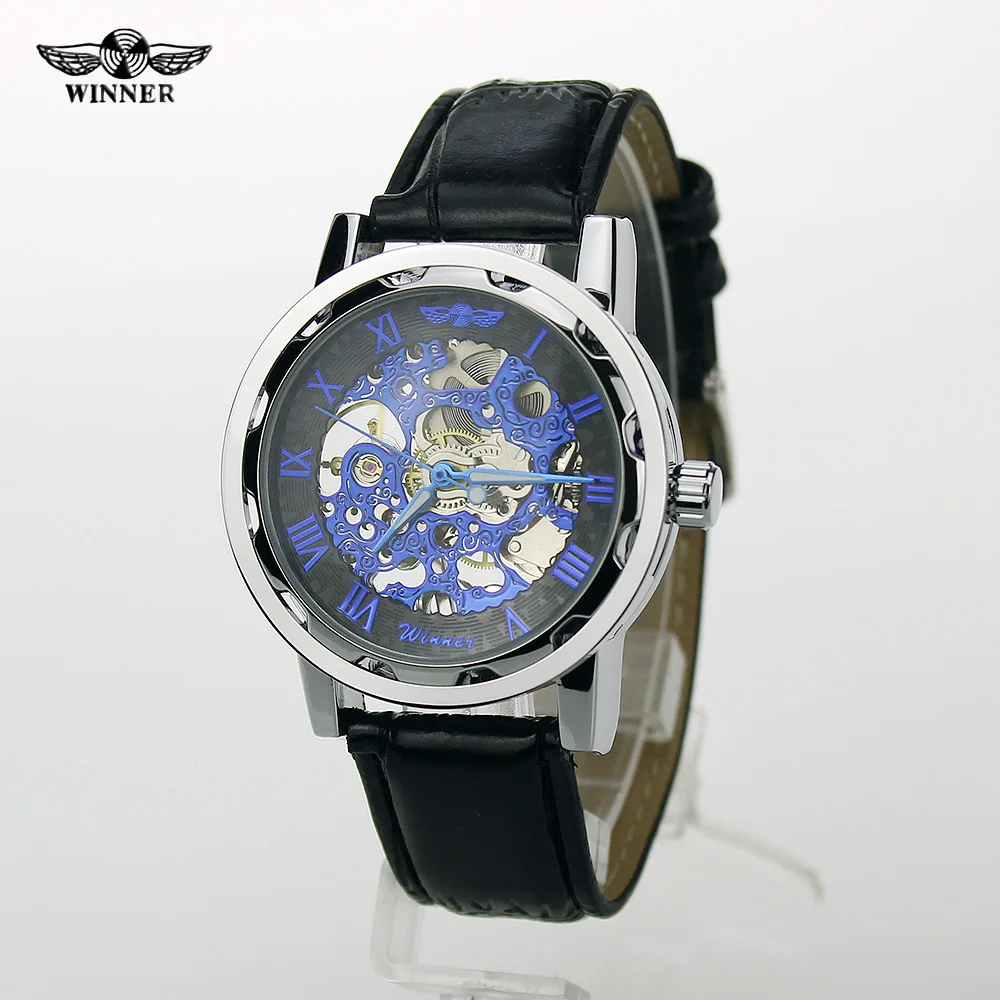 Победитель винтажные Брендовые мужские механические часы Скелет Черный Кожаный