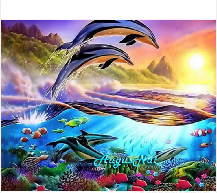 dolphin diamond painting cross stitch full square sea world wall art decor 5d diy resin beads dotz needlework | Дом и сад