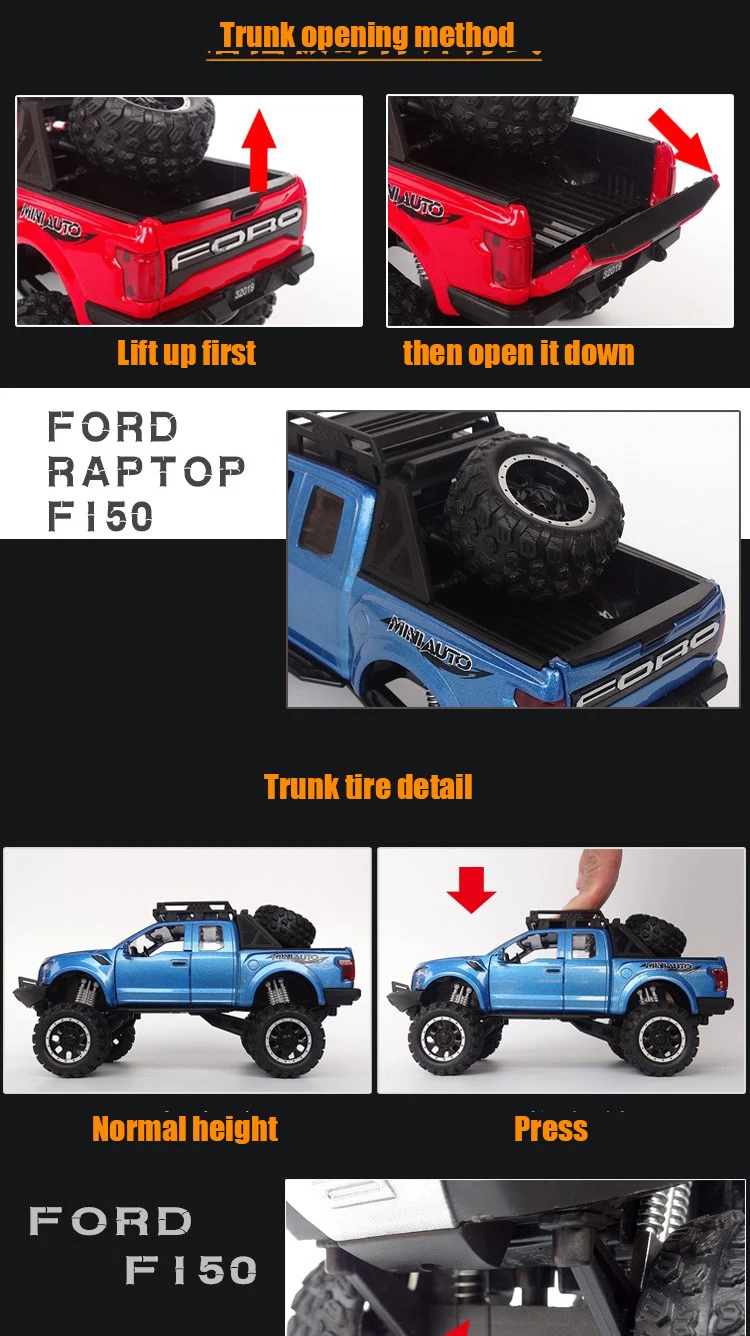 KIDAMI 1:32 Ford Raptor F150 Big Wheel MINIAUTO литая под давлением Модель автомобиля игрушки для детских подарков машинки