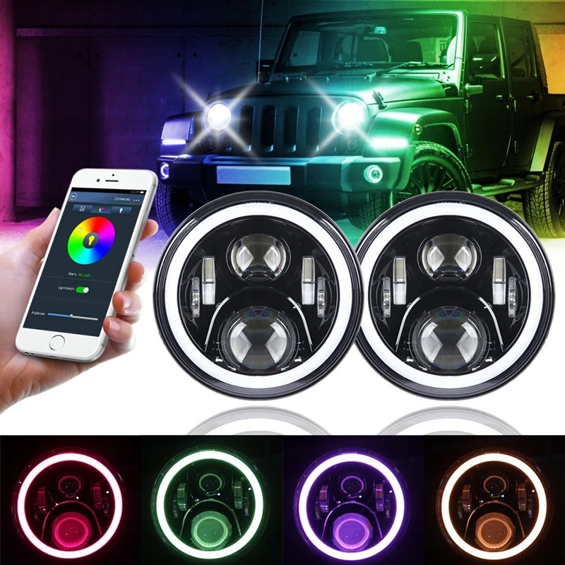 Цветная (RGB) Halo 7 дюймовый светодиодный фары для джипа Wrangler Plug and Play дюймов с Bluetooth