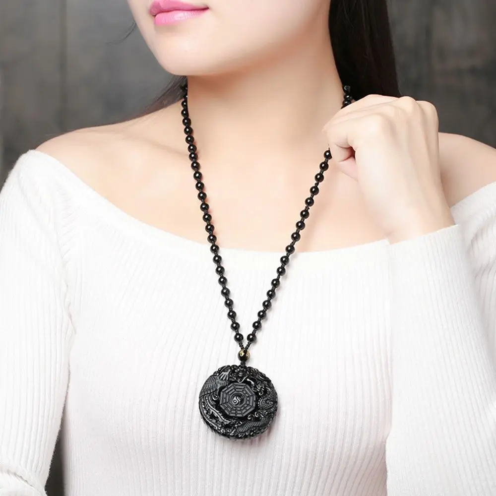 

New Black Obsidian Natural Stone Carved Chinese BAGUA Pendant Necklace With Beads Chain TaiJi Yin Yang Lucky Amulet Jewelry Gift