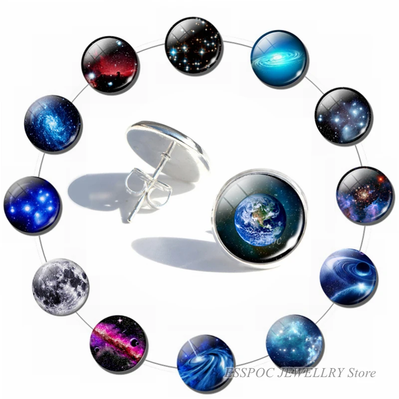 Серьги пусеты Earth Moon Stars Planet style бижутерия со стеклянными кабошонами подарки для