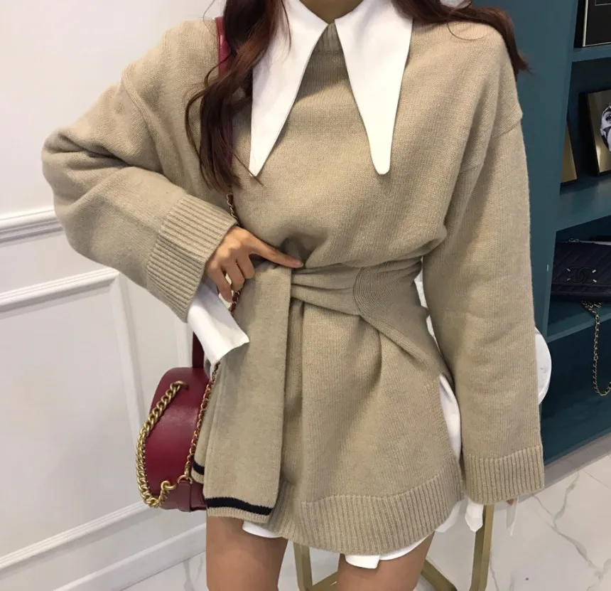 HAMALIEL Fashion Korean Two False Pieces Loose Pullovers Autumn Winter Women Solid Color Gray Bow Thick Knitted Long Sweater | Женская