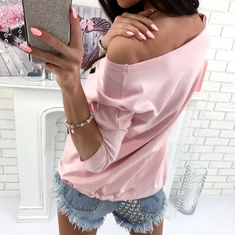 Женская футболка, осенняя, с принтом букв, Blusas, модные, с открытыми плечами, топы, 3/4 рукав, свободная футболка, женская футболка, WS2198C