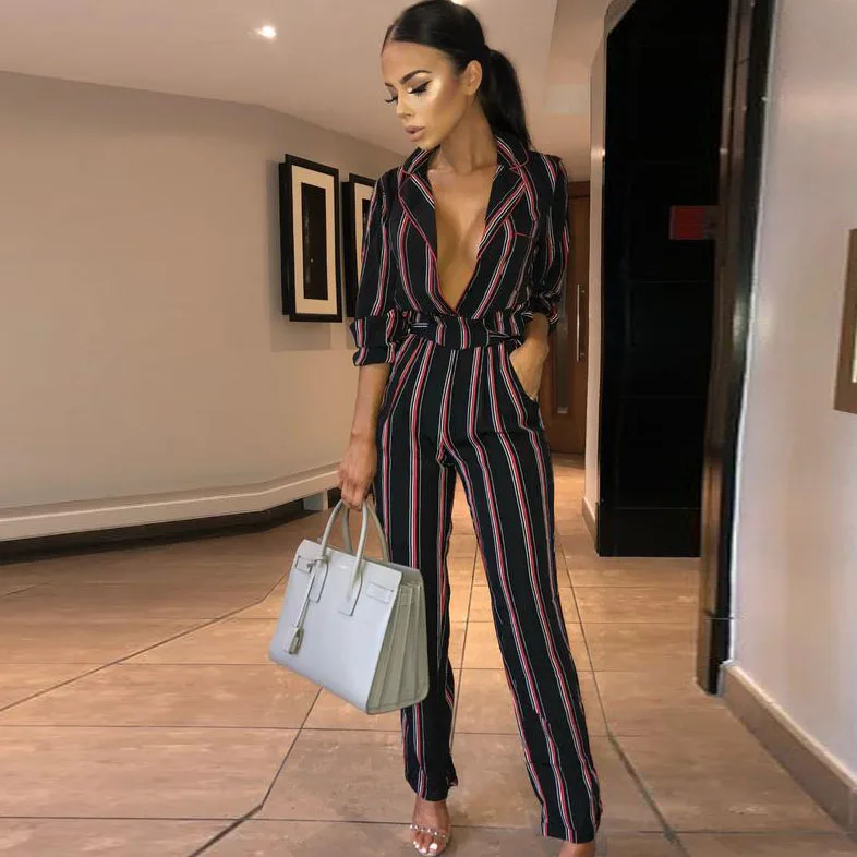 TEXIWAS Spring Autumn Stripe Long pants Jumpsuit women party Rompers Harlan Overalls Sexy Elegant Bodycon Jumpsuits streetwear | Женская