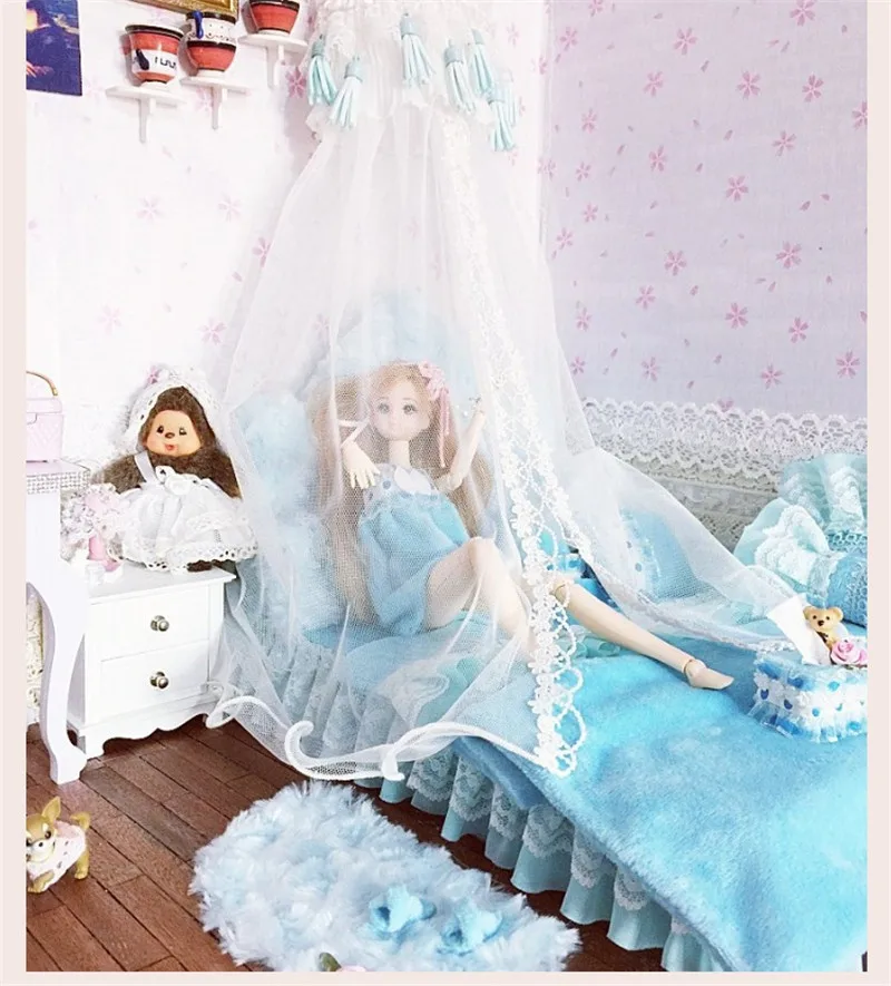 1:6 мебель для кукол кукольный домик миниатюрная кукольная кровать kawaii имитация мягкая Роскошная синяя кровать ролевые игры игрушки для девочек Подарки