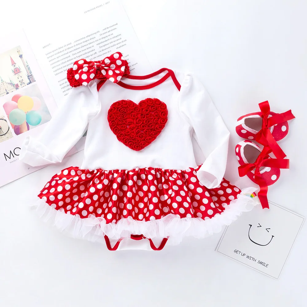 Newborn Baby Long Sleeve Polka Dot Mesh Tutu Bodysuits Princess Party Christening Baptism Jumpsuits 3Pcs Clothes |