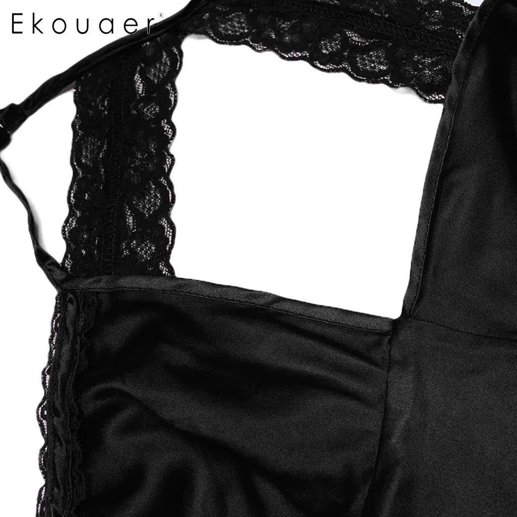 Ekouaer, женская ночная рубашка, атласное Ночное платье, пижама, сексуальная сорочка, кружево, пэчворк, спагетти ремень, женское нижнее белье, платье, 3 цвета