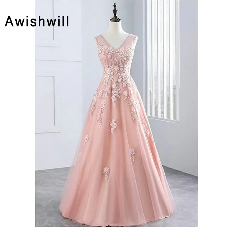

Real Photos V Neck Sleeveless Lace Appliques Tulle Floor Length Evening Dress Elegant Party Gown Vestidos de Fiesta de Noche