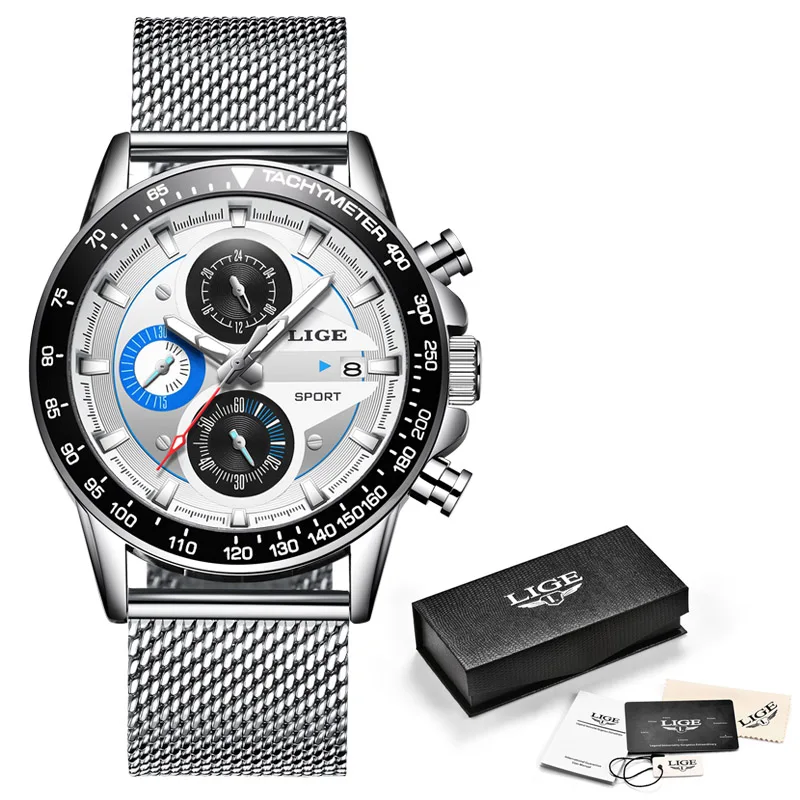 Reloj hombre LIGE Официальный магазин Топ бренд Мода Новые мужские водонепроницаемые часы наручные, кварцевые часы светящийся хронограф - Цвет: Silver white