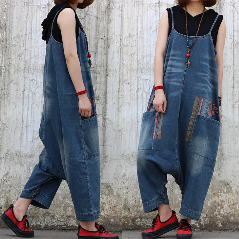 Free Shipping 2021 New Fashion Women Loose Jumpsuits And Rompers With Pockets Plus Size Strap Overalls Summer Denim Ankle-length