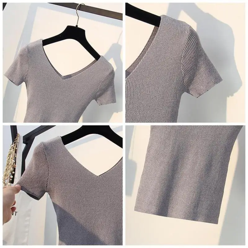 V-neck Slim Knitting Tees Women 2019 Summer Stretch Sweaters Ladies Pullovers Female Tops Grey White Black Knitwear High Quality | Женская