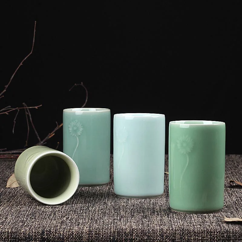 280ml Longquan Celadon Straight Cup Flower Pattern Teaware Drinkware Art Water Cups Master Teacup Coffee Milk Mug Accessories | Дом и сад