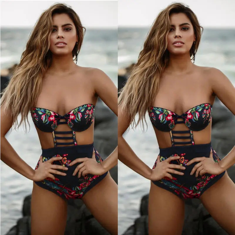 2017 Ретро стиль Женский цельный Монокини купальник полый пуш ап бикини с