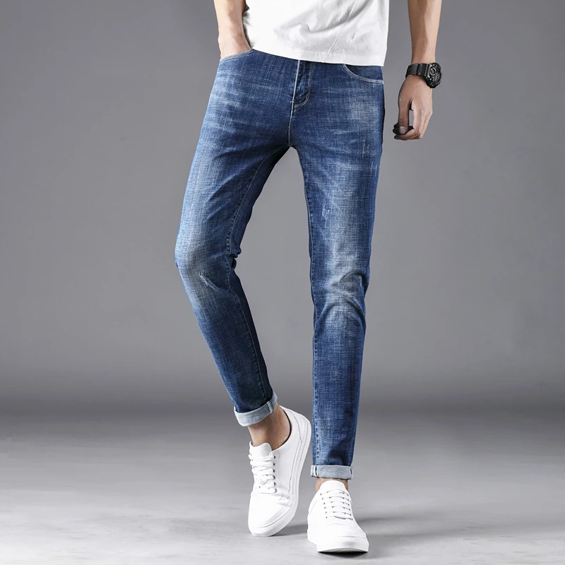 causal style straight fit stretch slub denim blue jeans pants trousers for men adults youth boys spring autum season |