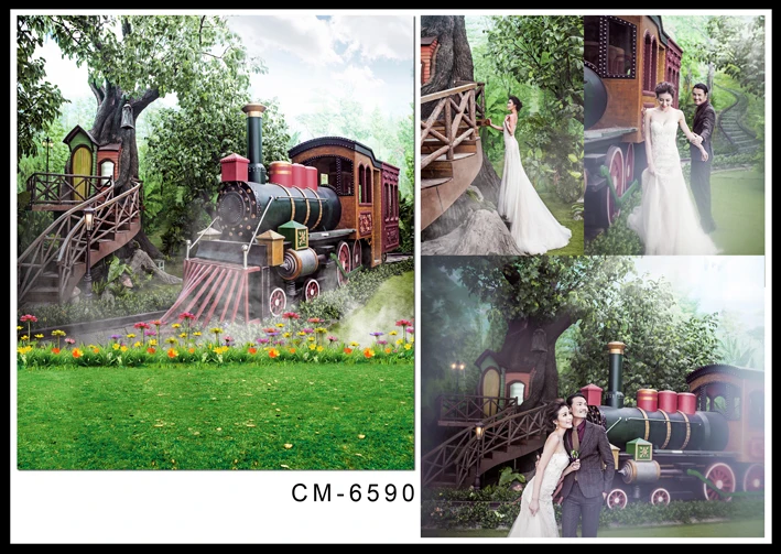 

Retro Train Flowers Vintage Background Photography Green Tree Photography Backdrops for Photo Studio Custom Wedding Backdrops