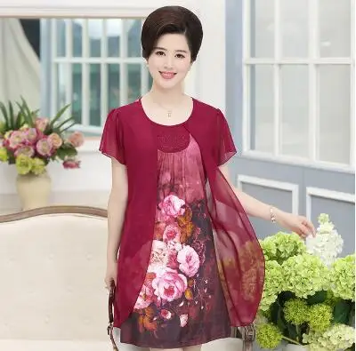 High grade ice silk Летняя новая модная одежда для мамы, имитация двух частей, женское шифоновое платье vestidos размера плюс с принтом, женские платья с коротким рукавом - Цвет: High grade ice silk