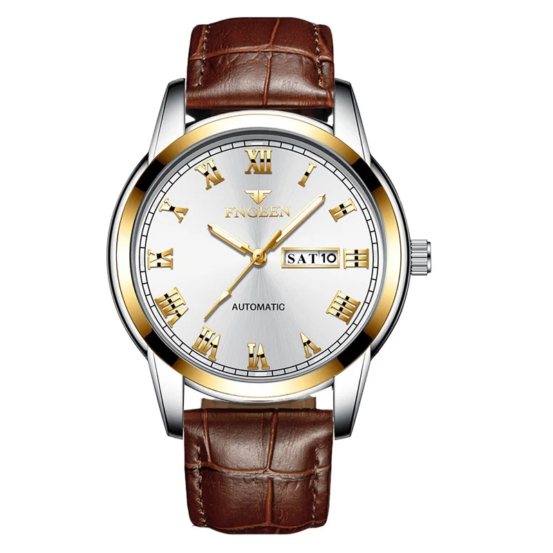 LeatherTwoToneWhite Мужские часы люксовый бренд FNGEEN наручные часы для мужчин часы Дата Неделя дисплей светящиеся кварцевые часы мужские часы Relogio Masculino - Цвет: LeatherTwoToneWhite