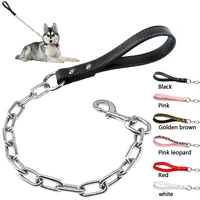 training pet dog leashes silver chrome chain pet leads short dog traffic leash with leather handle for medium large dog pitbull