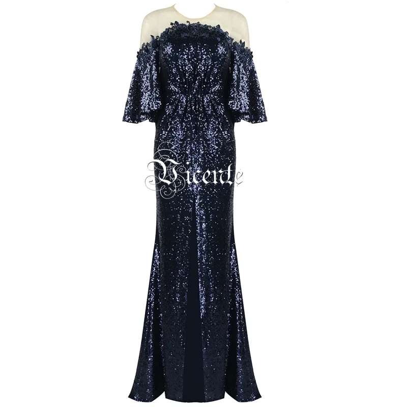 2020 New Chic Elegant Appliques Sheer Mesh Splicing Purple Sequins Design Half Sleeves O Neck Celebrity Party Long Dress | Женская