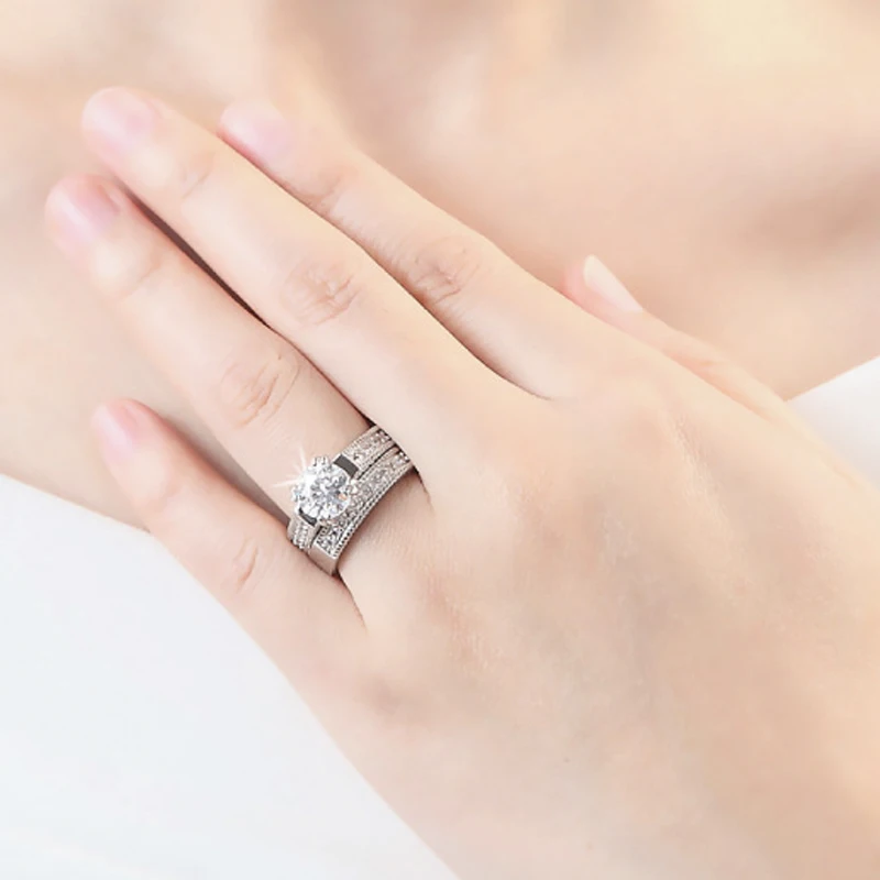 Women Silver Color Luxury 2 Rounds Cubic Zirconia Fashion Wedding Rings Sets, Men CZ 316L Stainless Steel Ring Couple Gifts