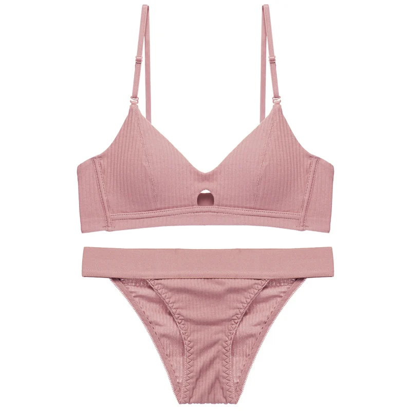 Розовый Solid Striped Bra Set Macarons Colours Comfortable Cotton Bra For Small Boobs Flat Breast Wireless Women Lingere - Цвет: Розовый