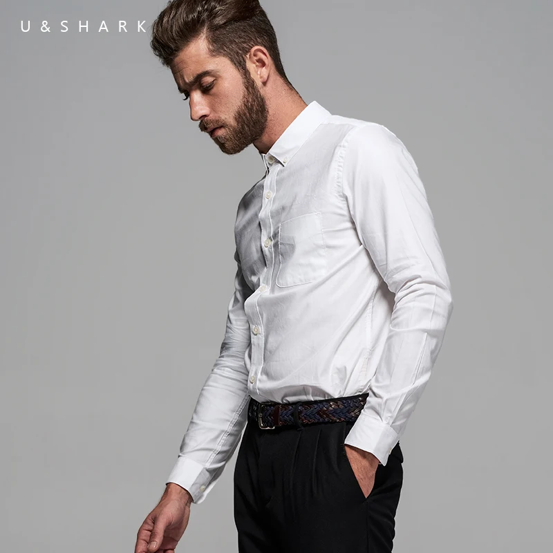 U &amp SHARK Весенние новые мужские рубашки 100% хлопок Оксфорд синяя Повседневная
