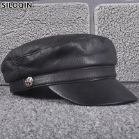 siloqin unisex new autumn winter mens womens genuine leather hat sheepskin army military hats elegant brands bone flat caps