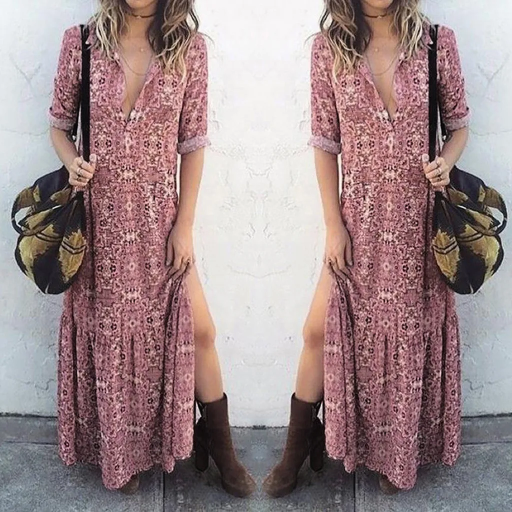 Women Loose Casual Print V Neck Long Sleeved Summer Slit Up Maxi Dress loose cotton chiffon pleated dress large size fashion | Женская