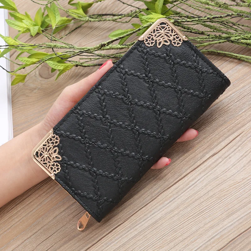 black Длинный кошелек, женские кошельки, модный дизайнерский, с тиснением, Lingge, кошелек, для девушек, милый клатч, кошелек, мульти-карта, кошелек, Portefeuille - Цвет: black
