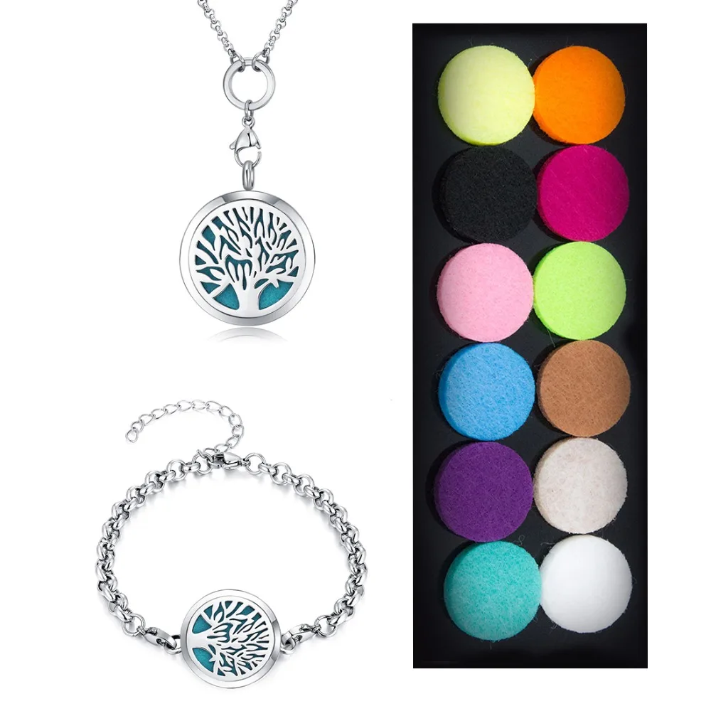 

Mesinya серебряный цвет Древо жизни ароматерапия Эфирные диффузорный медальон с маслами ожерелье с бесплатно 4 блестящие цепи и браслет набор