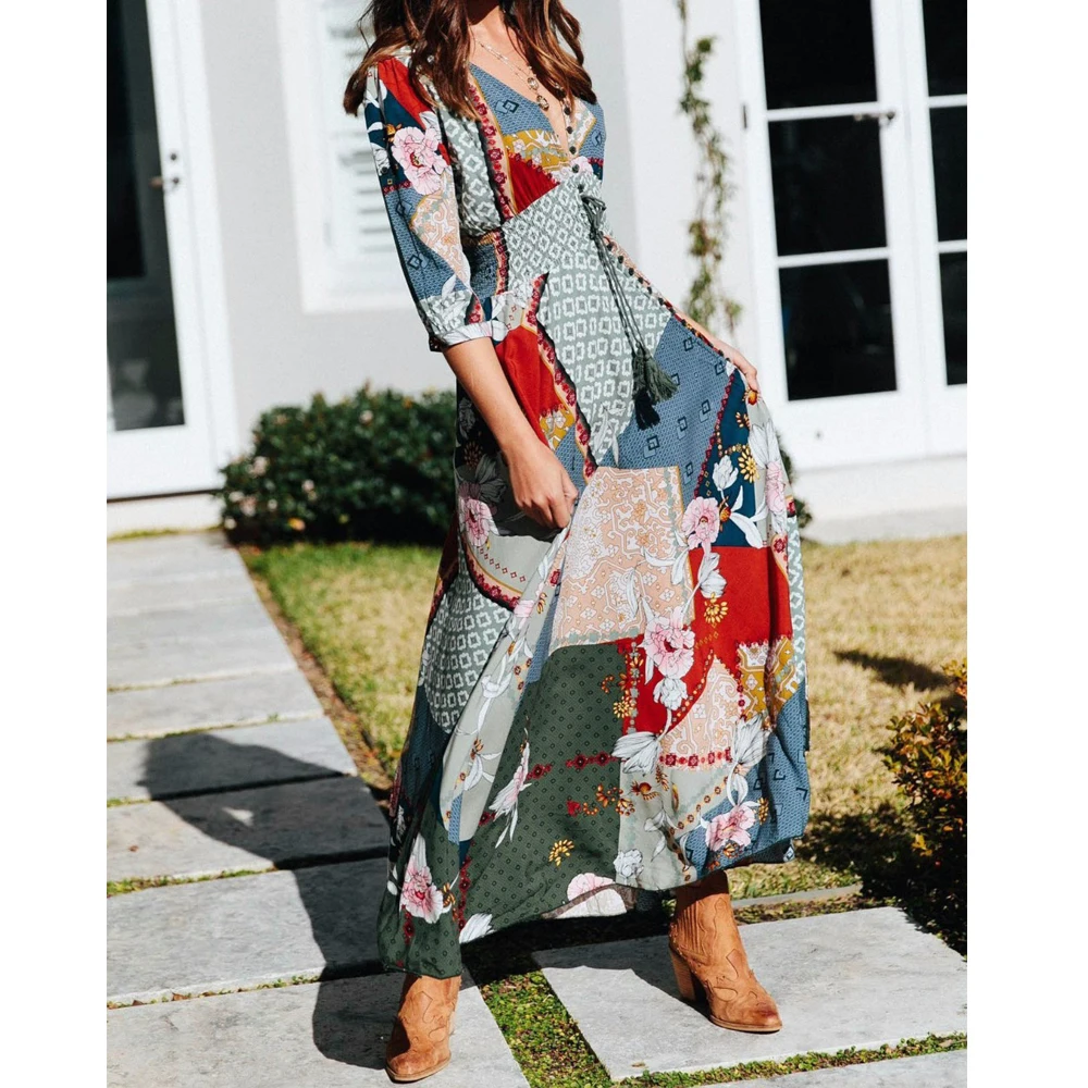 Bohoartist женские макси платья элегантные Boho Путешествия Пляж свободное с цветочным