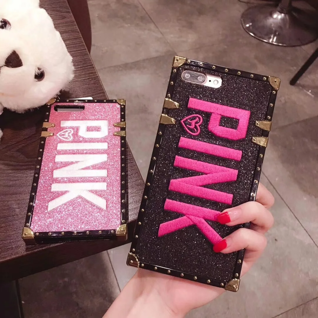 Luxury Embroidery 3D PINK Soft Case for iphone 6 6s 7 8 7Plus Glitter Metal Square Phone cover Cases iPhone X XR XS MAX Plus |