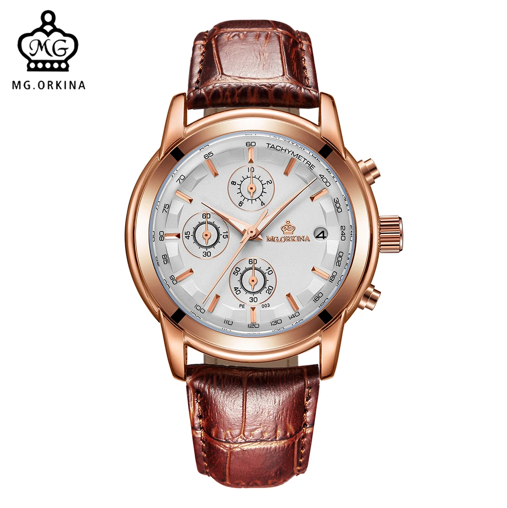 

MG. ORKINA Rose Gold Watch Multifunctional Quartz Analog Men's Wristwatch Auto Date Chronograph Male Clock Relogio Masculino