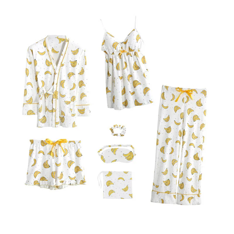 Женские пижамы из хлопка с принтом и длинными рукавами костюм семи предметов