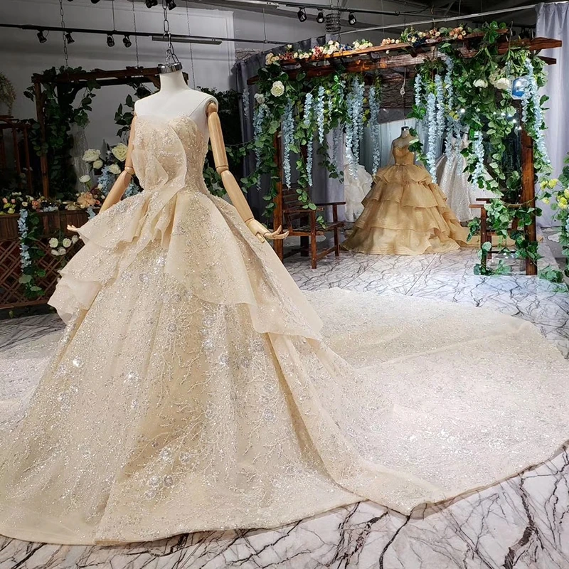 HTL529 шампанское роскошное свадебное платье со шлейфом o образным вырезом с