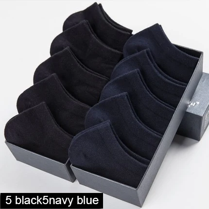 5 black5navy blue Летние тонкие высококачественные мужские короткие носки-башмачки, белые, 10 пар, фирменные, деловые, для отдыха, без шоу, носки-лодочки, 100 хлопок - Цвет: 5 black5navy blue